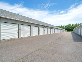 Wide drive aisle with convenient drive-up storage units in Berwick at 560 Portland Street