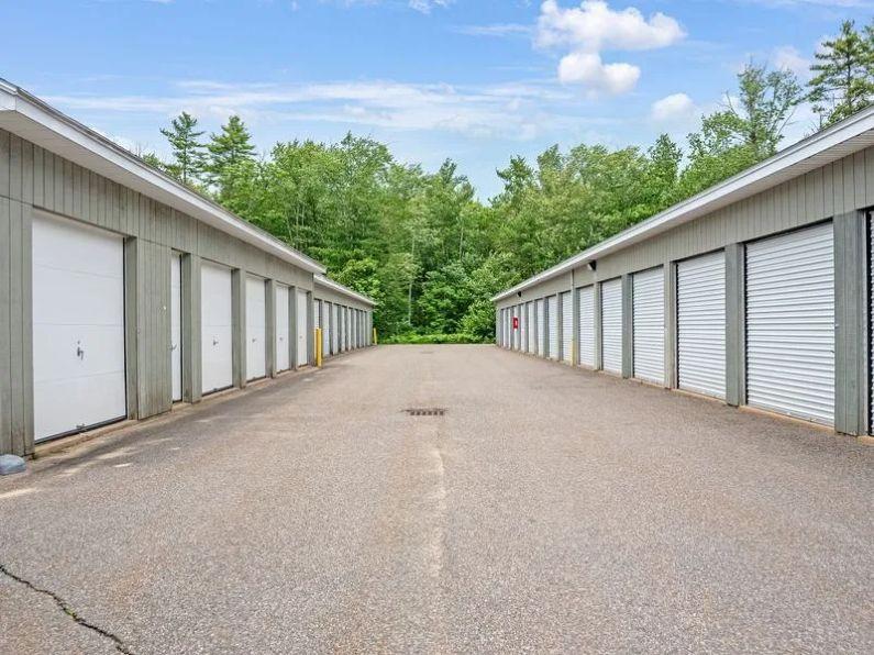Wide drive aisle with outdoor drive-up storage units in Arundel, ME