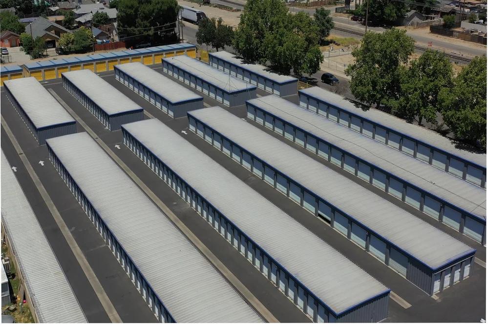 Aerial picture of drive-up self-storage units in South Modesto, CA.