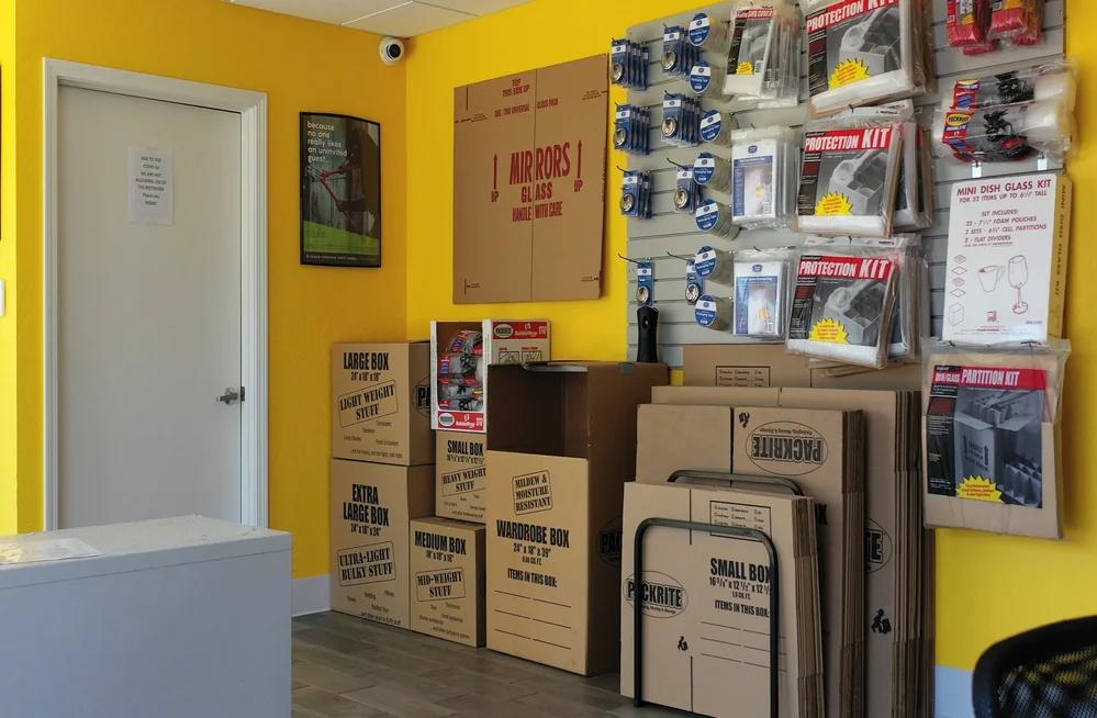 Interior lobby of the Crows Landing Storage Star in Modesto with moving and packing supplies.