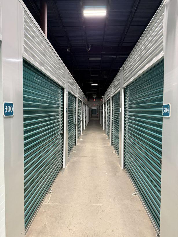 A hallway of climate-controlled storage units in Dracut